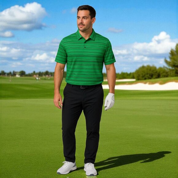 Adidas Golf Polo Shirt Men’s SMALL PrimeGreen Snap Button Stripe Short Sleeve - Picture 1 of 14